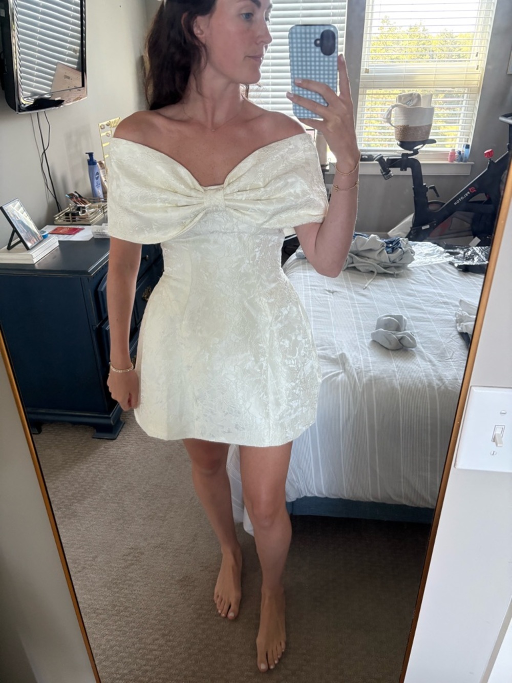 Off-Shoulder Ivory Bow Cocktail Dress